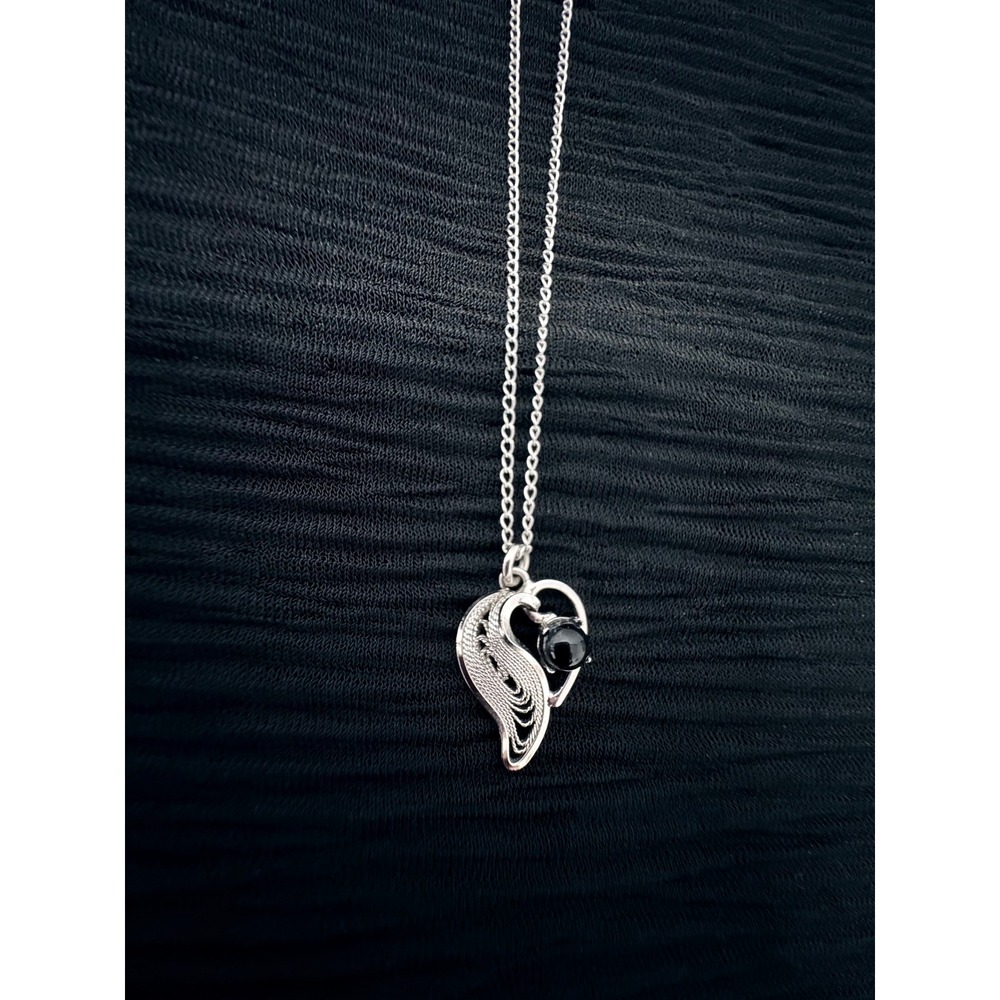 Vintage Coro Sterling Silver Filigree Heart Pendant Necklace Black Bead 15.5in